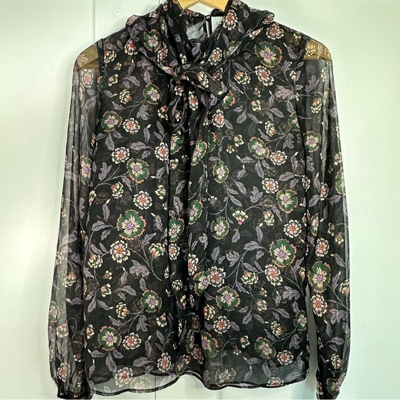 MISA Los Angeles Lulu Floral Top XS blouse long sleeve sheer tie bow black mock - Picture 7 of 16